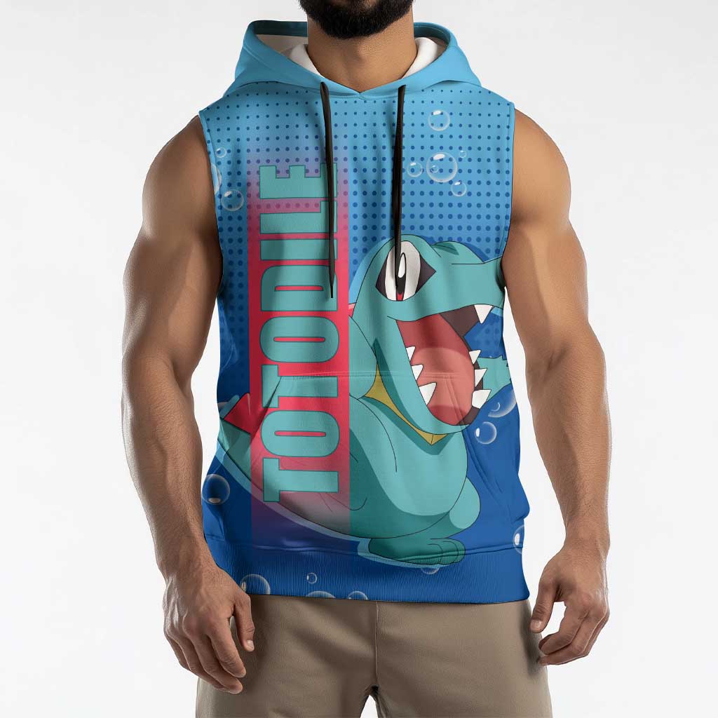 Totodile from Poké Sleeveless Hoodie with Water Type Power and Playful Pose Design - The Mazicc