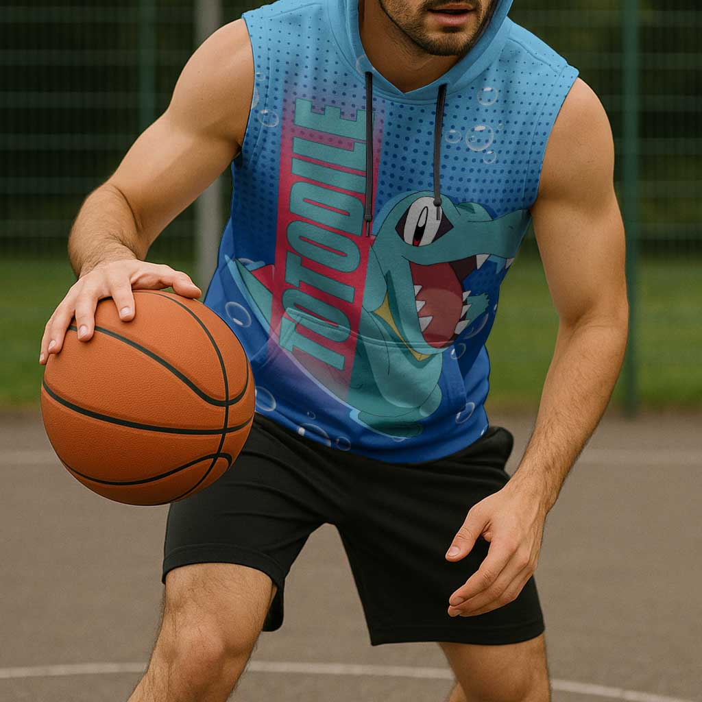 Totodile from Poké Sleeveless Hoodie with Water Type Power and Playful Pose Design - The Mazicc
