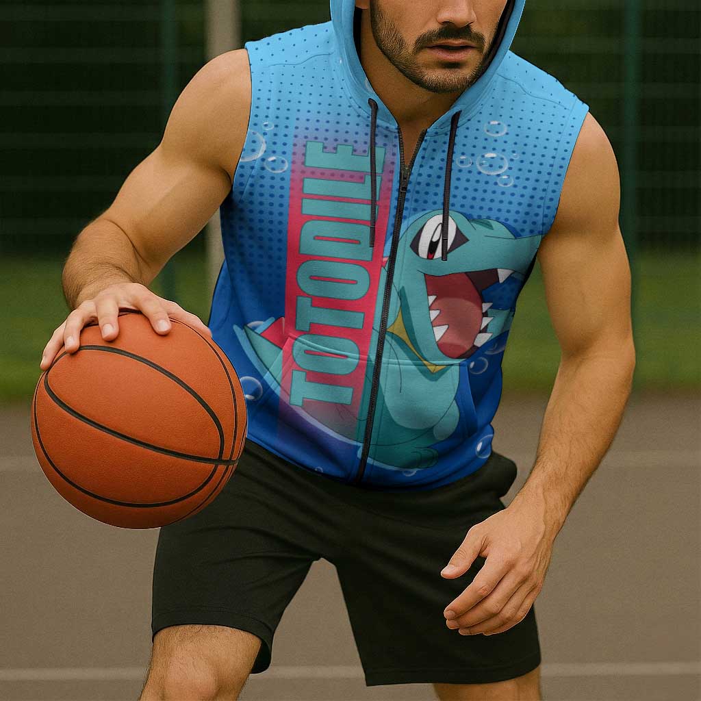 Totodile from Poké Sleeveless Zip Hoodie with Water Type Power and Playful Pose Design - The Mazicc