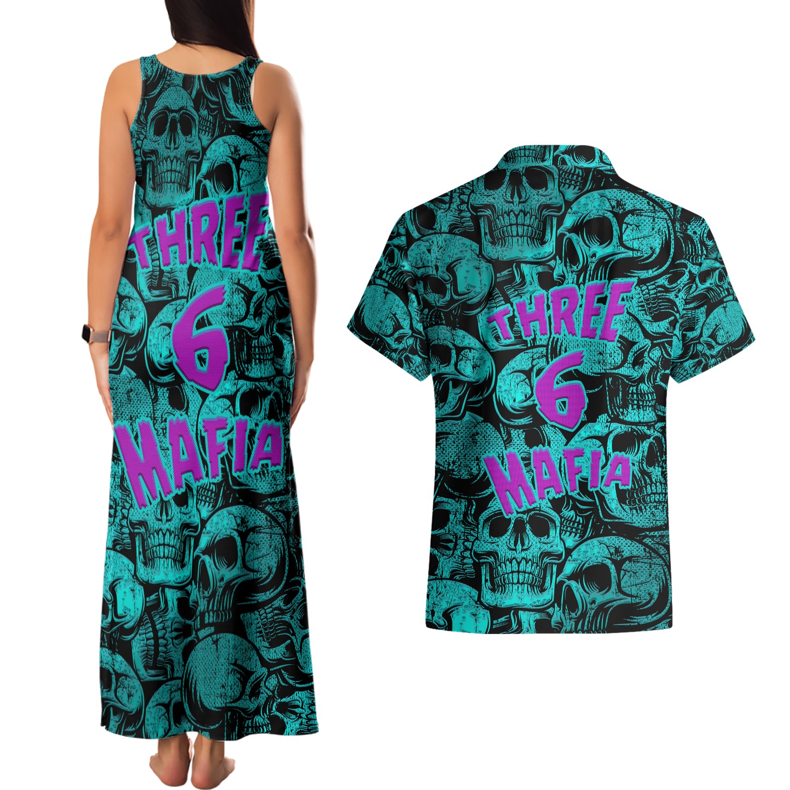 three-6-mafia-skull-couples-matching-tank-maxi-dress-and-hawaiian-shirt-three-6-mafia