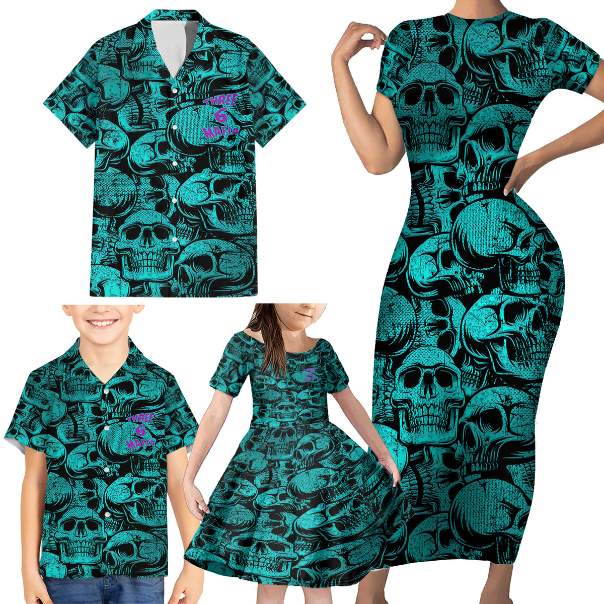 three-6-mafia-skull-family-matching-short-sleeve-bodycon-dress-and-hawaiian-shirt-three-6-mafia