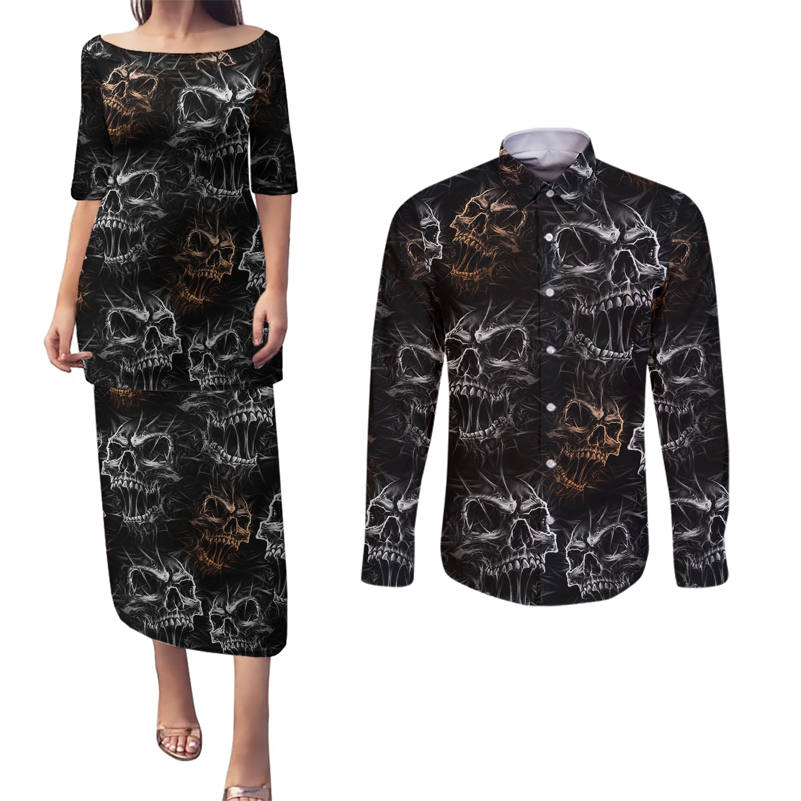 skull-pattern-couples-matching-puletasi-dress-and-long-sleeve-button-shirts-never-trust-the-living