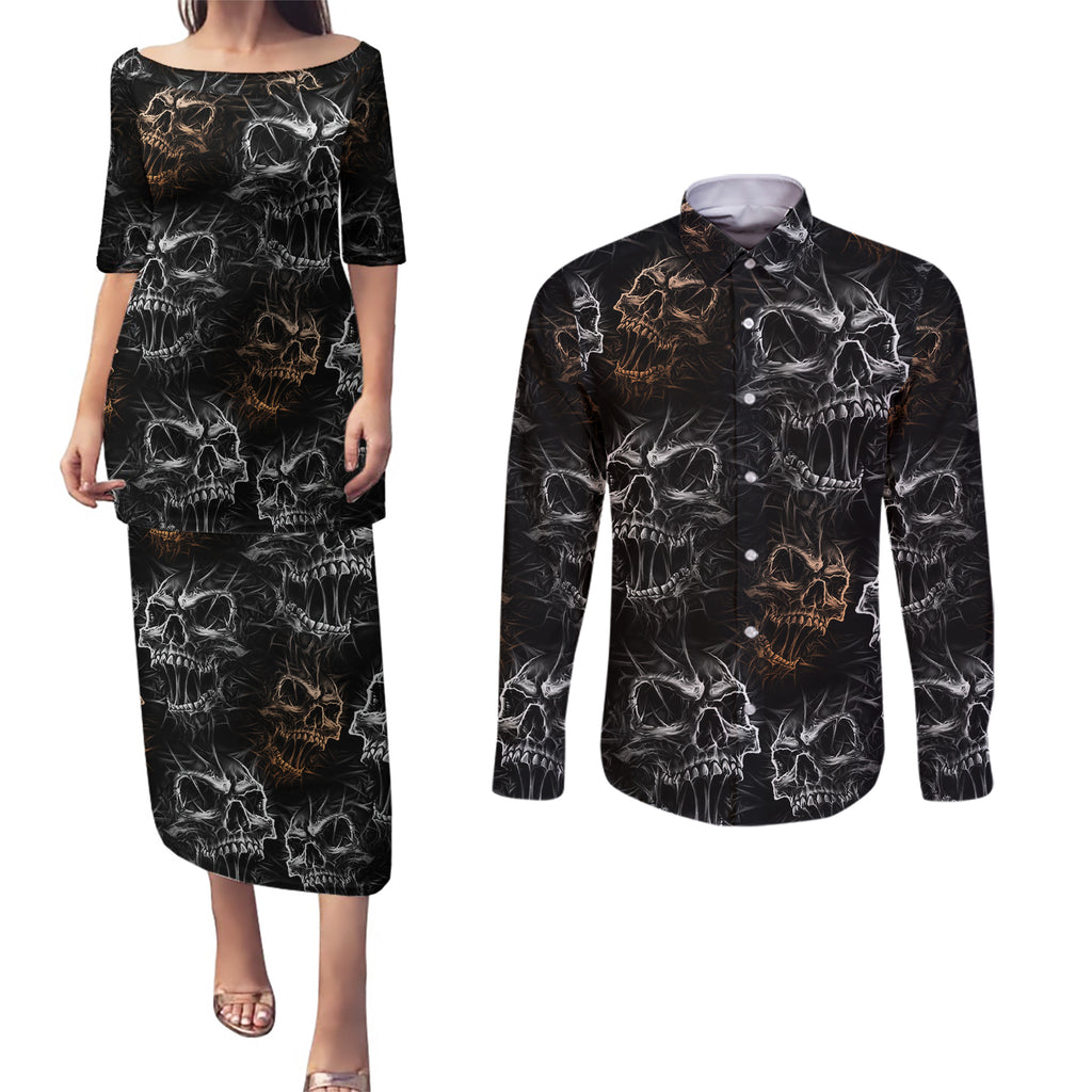 skull-pattern-couples-matching-puletasi-dress-and-long-sleeve-button-shirts-never-trust-the-living