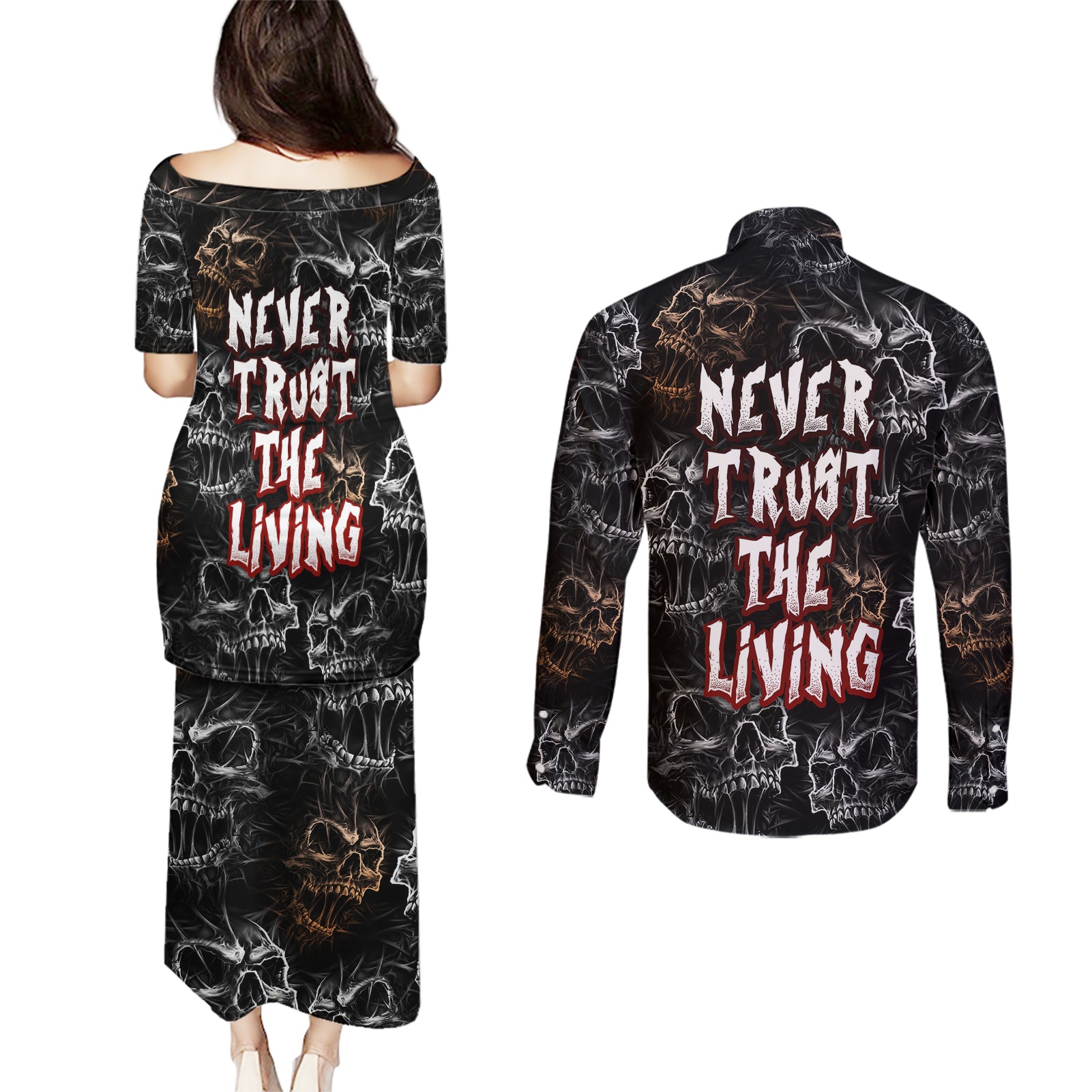 skull-pattern-couples-matching-puletasi-dress-and-long-sleeve-button-shirts-never-trust-the-living