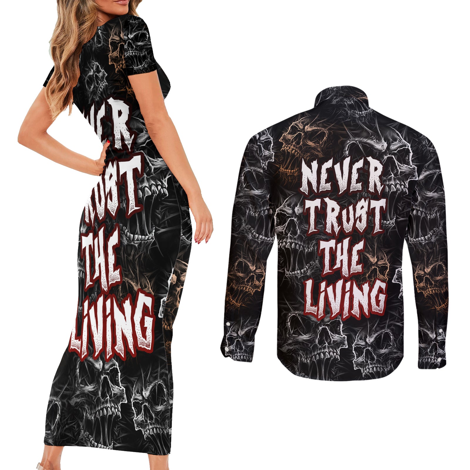 skull-pattern-couples-matching-short-sleeve-bodycon-dress-and-long-sleeve-button-shirts-never-trust-the-living