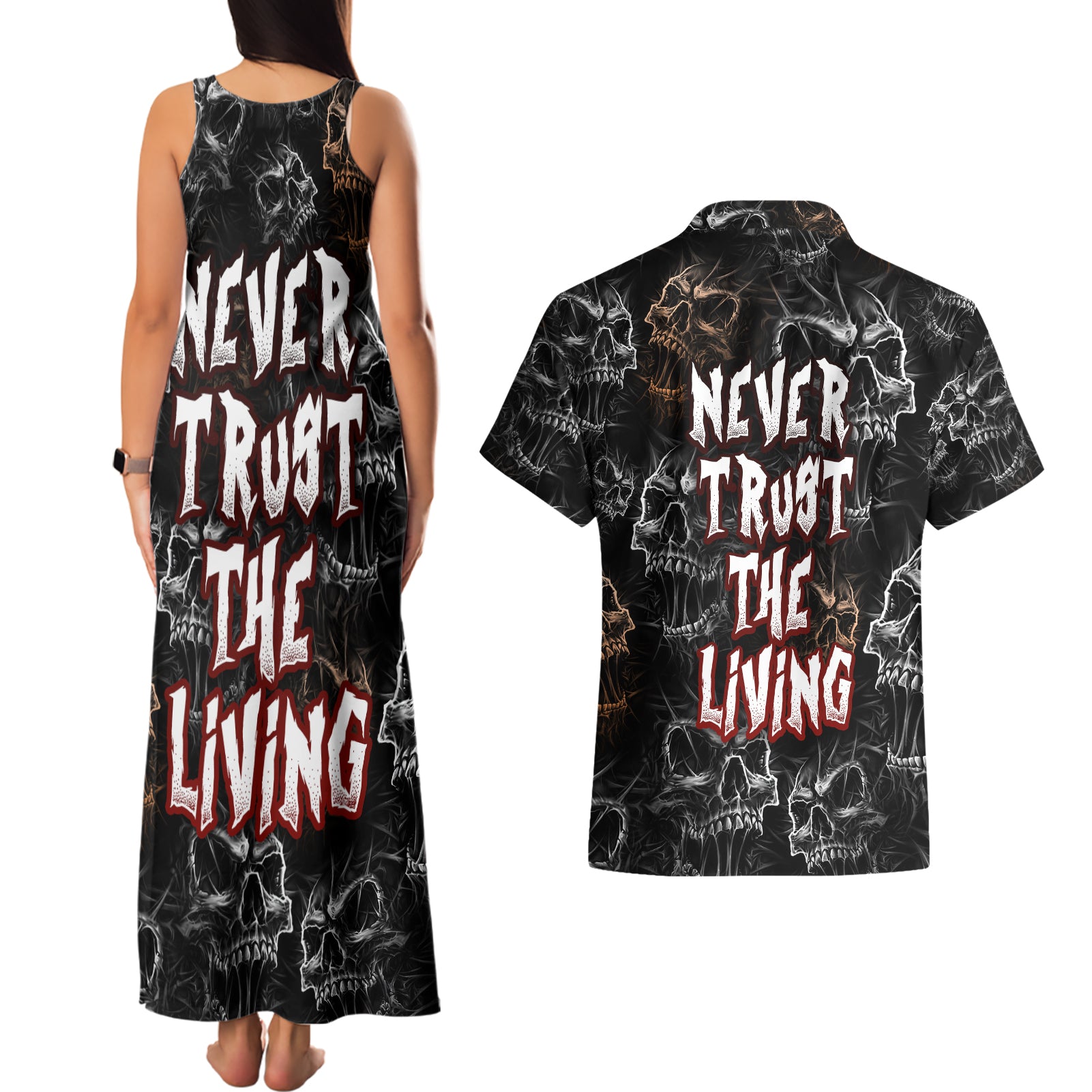 skull-pattern-couples-matching-tank-maxi-dress-and-hawaiian-shirt-never-trust-the-living