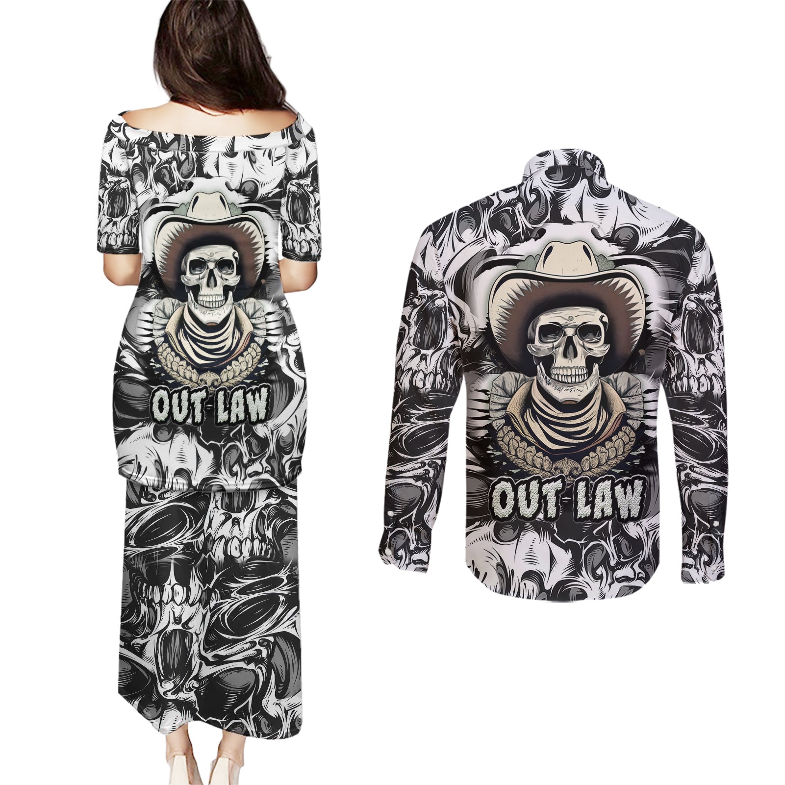 skull-cowboy-couples-matching-puletasi-dress-and-long-sleeve-button-shirts-out-law