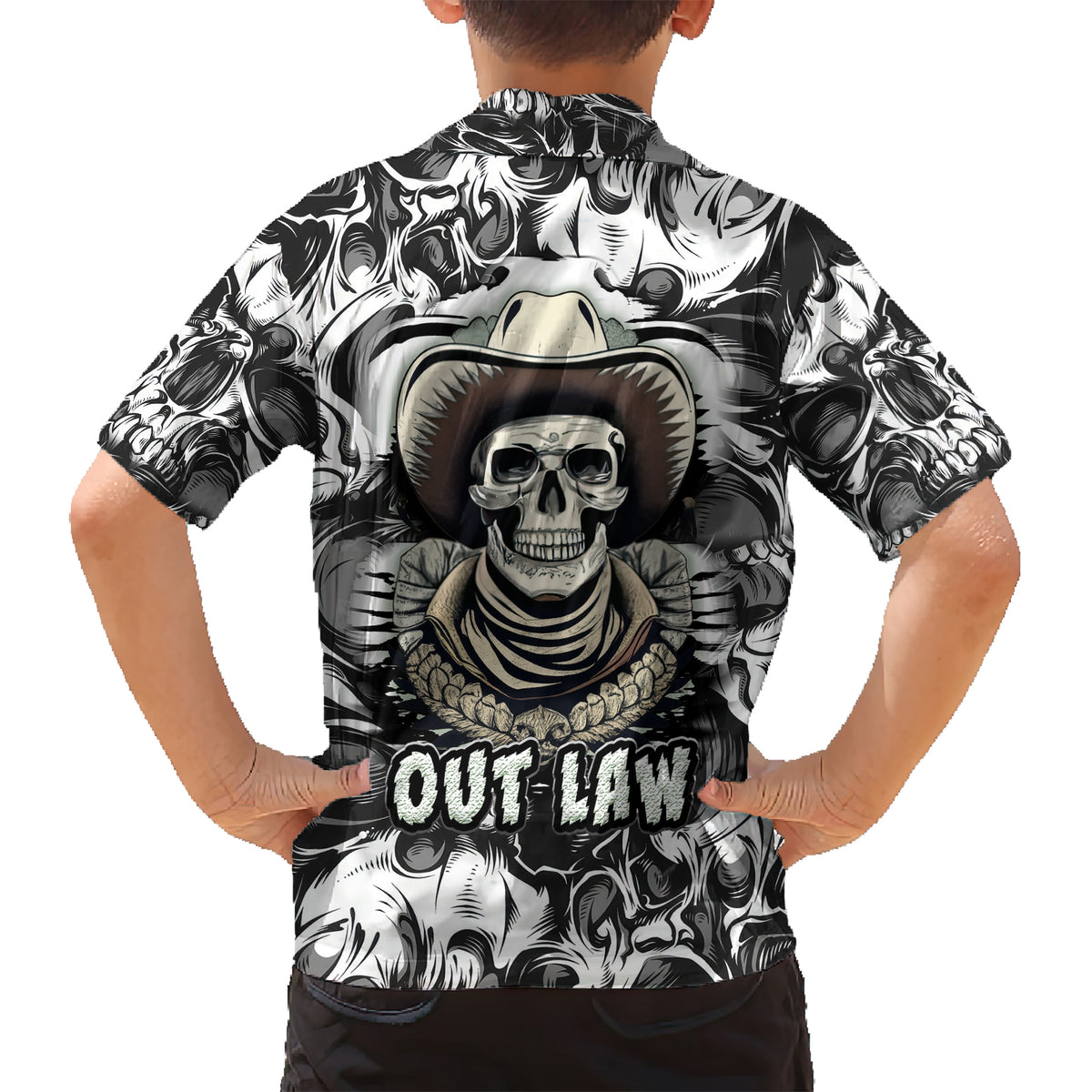 skull-cowboy-family-matching-short-sleeve-bodycon-dress-and-hawaiian-shirt-out-law