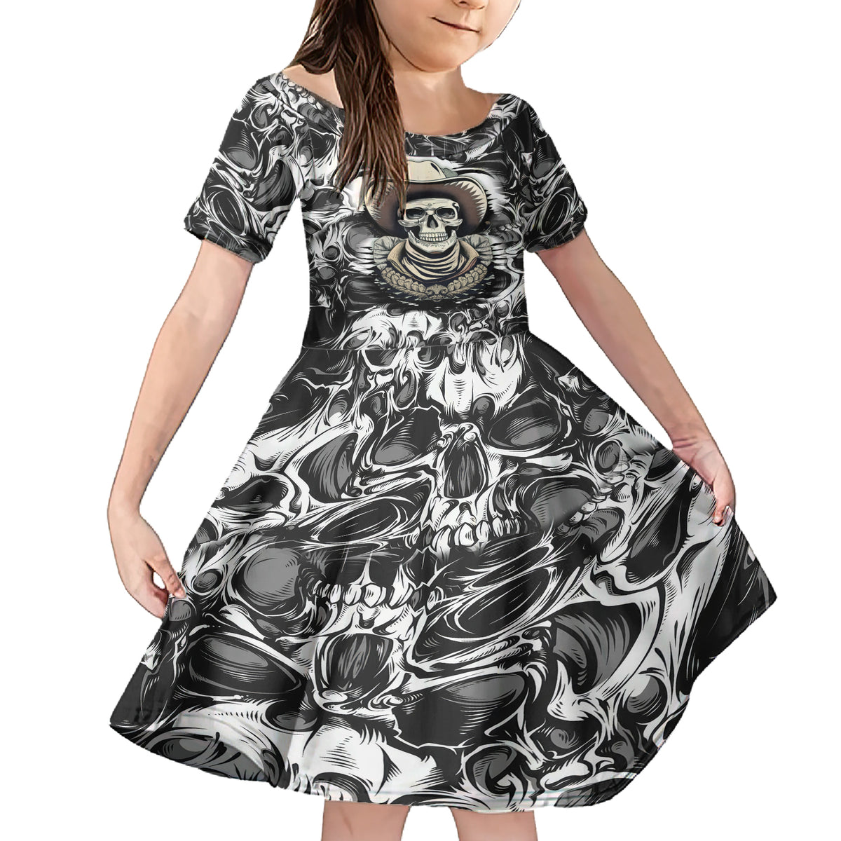 skull-cowboy-family-matching-short-sleeve-bodycon-dress-and-hawaiian-shirt-out-law