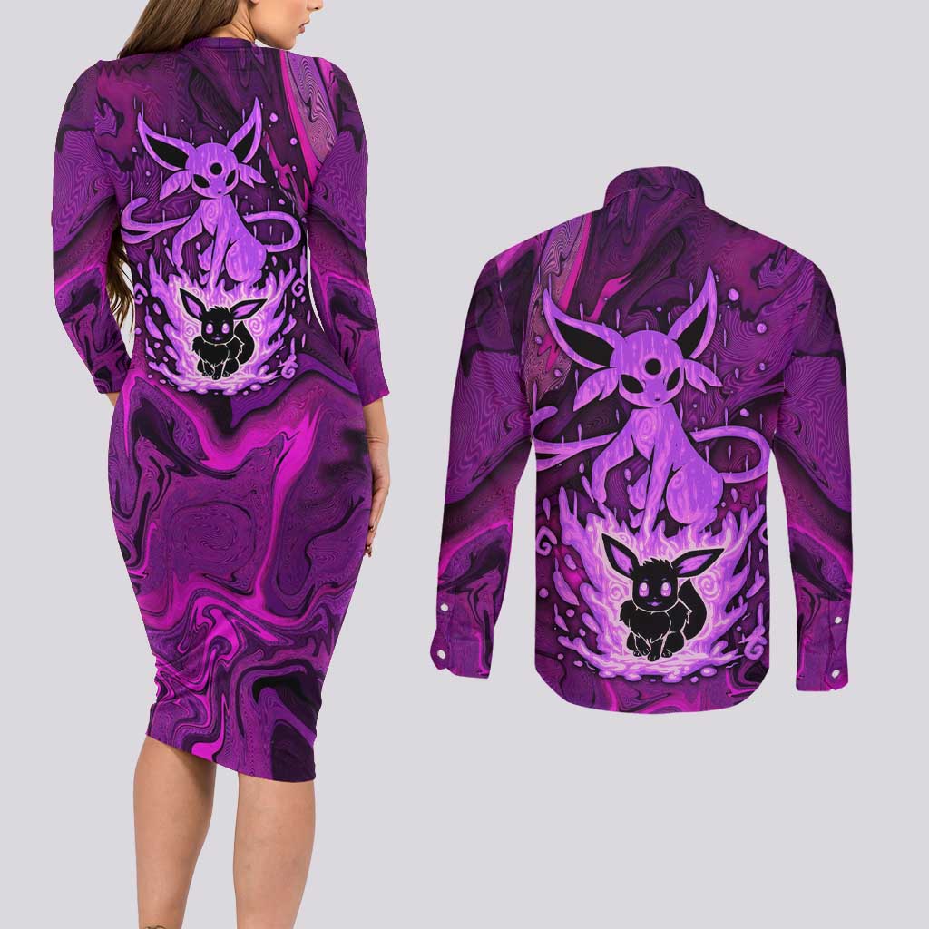 Blazing Espeon Couples Matching Long Sleeve Bodycon Dress and Long Sleeve Button Shirt Anime Style