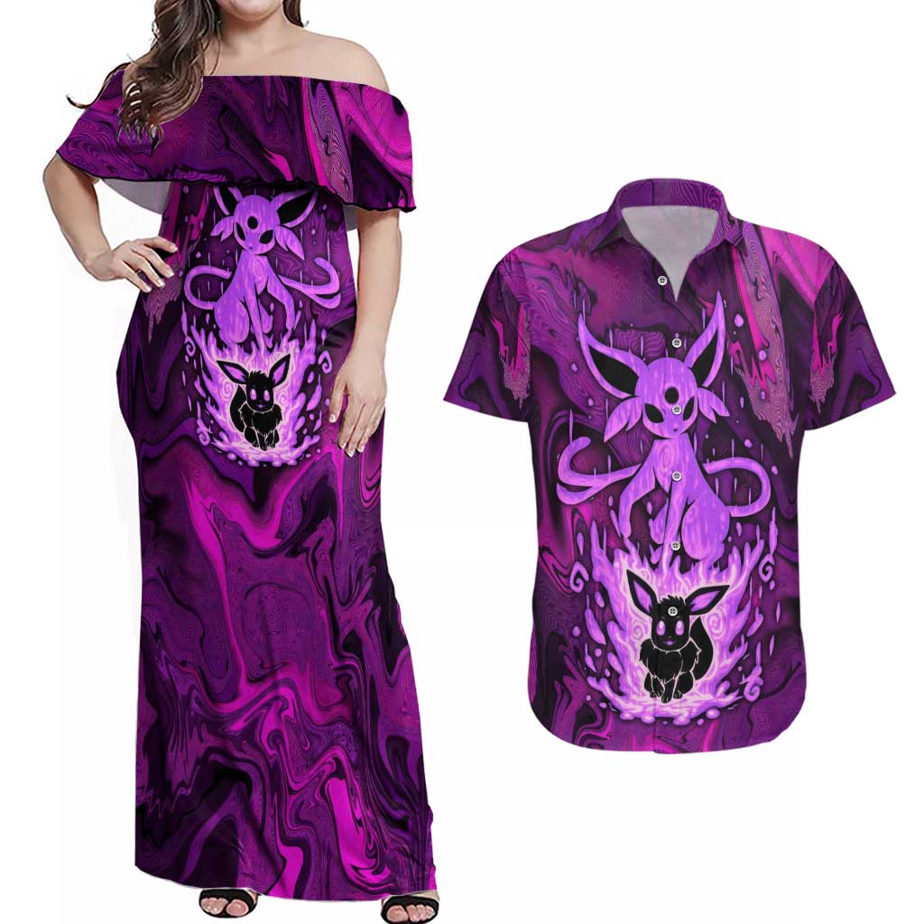 Blazing Espeon Couples Matching Off Shoulder Maxi Dress and Hawaiian Shirt Anime Style