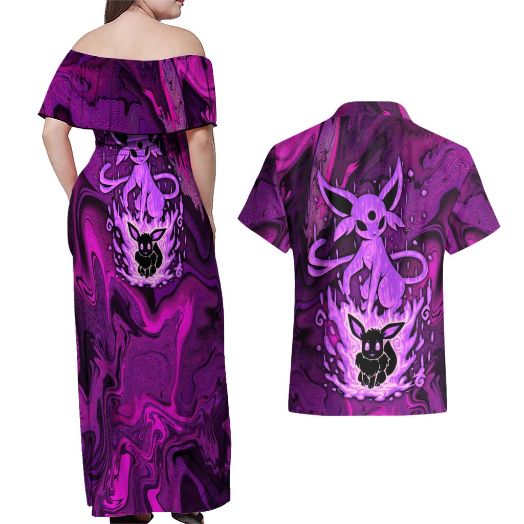 Blazing Espeon Couples Matching Off Shoulder Maxi Dress and Hawaiian Shirt Anime Style
