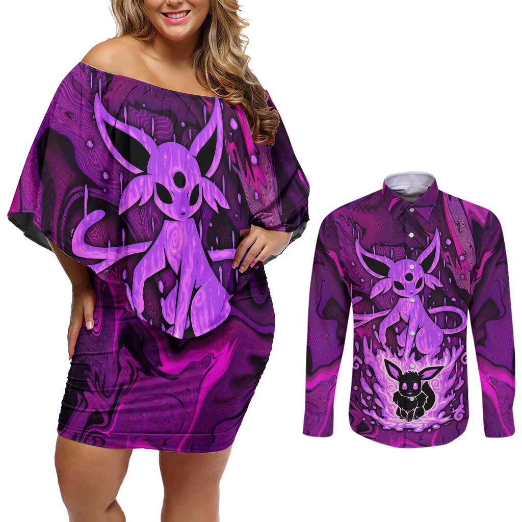 Blazing Espeon Couples Matching Off Shoulder Short Dress and Long Sleeve Button Shirt Anime Style
