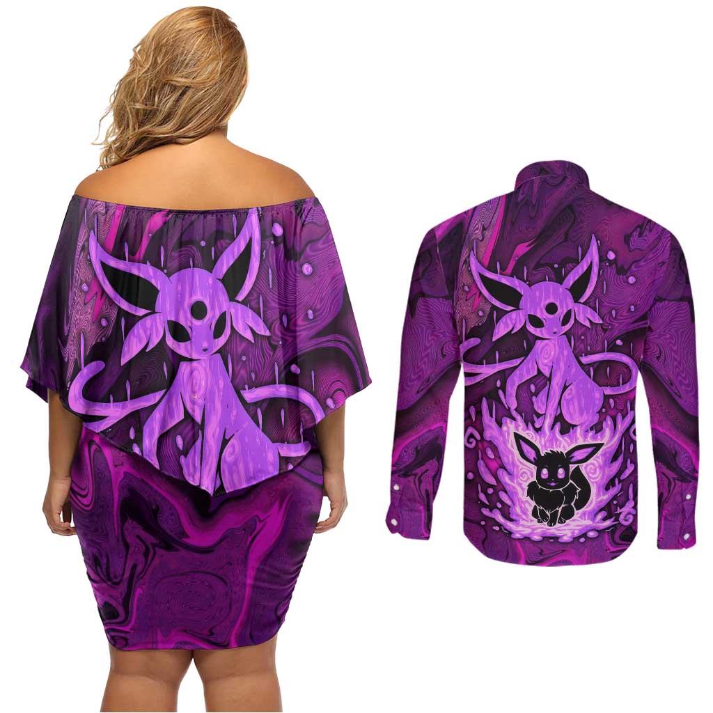 Blazing Espeon Couples Matching Off Shoulder Short Dress and Long Sleeve Button Shirt Anime Style