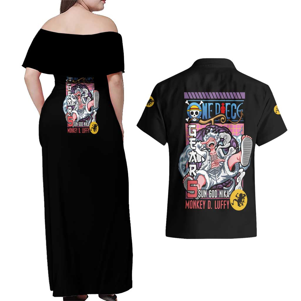 Gear 5th Luffy V3 One Piece Couples Matching Off Shoulder Maxi Dress and Hawaiian Shirt Anime Style