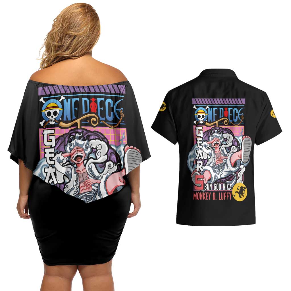 Gear 5th Luffy V3 One Piece Couples Matching Off Shoulder Short Dress and Hawaiian Shirt Anime Style