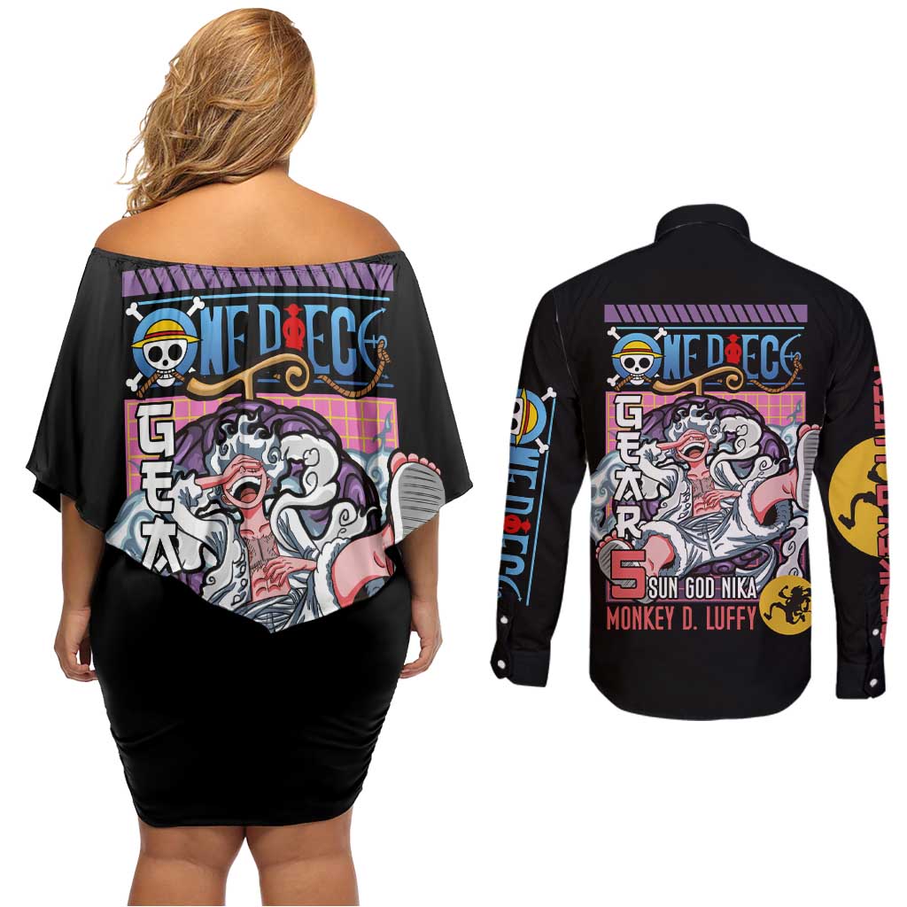 Gear 5th Luffy V3 One Piece Couples Matching Off Shoulder Short Dress and Long Sleeve Button Shirt Anime Style