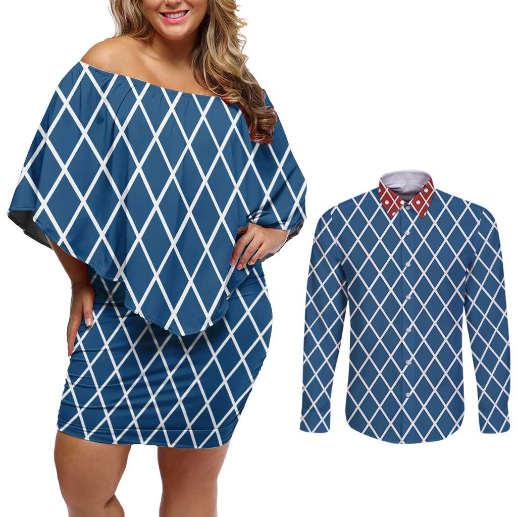 Guido Mista Jojo’s Bizarre Adventure Couples Matching Off Shoulder Short Dress and Long Sleeve Button Shirt Anime Uniform Pattern Style