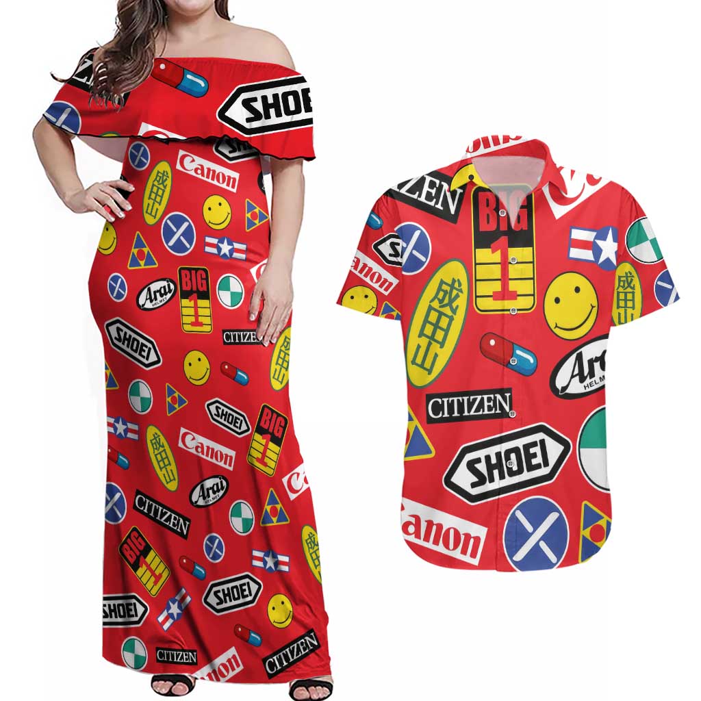 Akira Full Decals Couples Matching Off Shoulder Maxi Dress and Hawaiian Shirt Anime Style