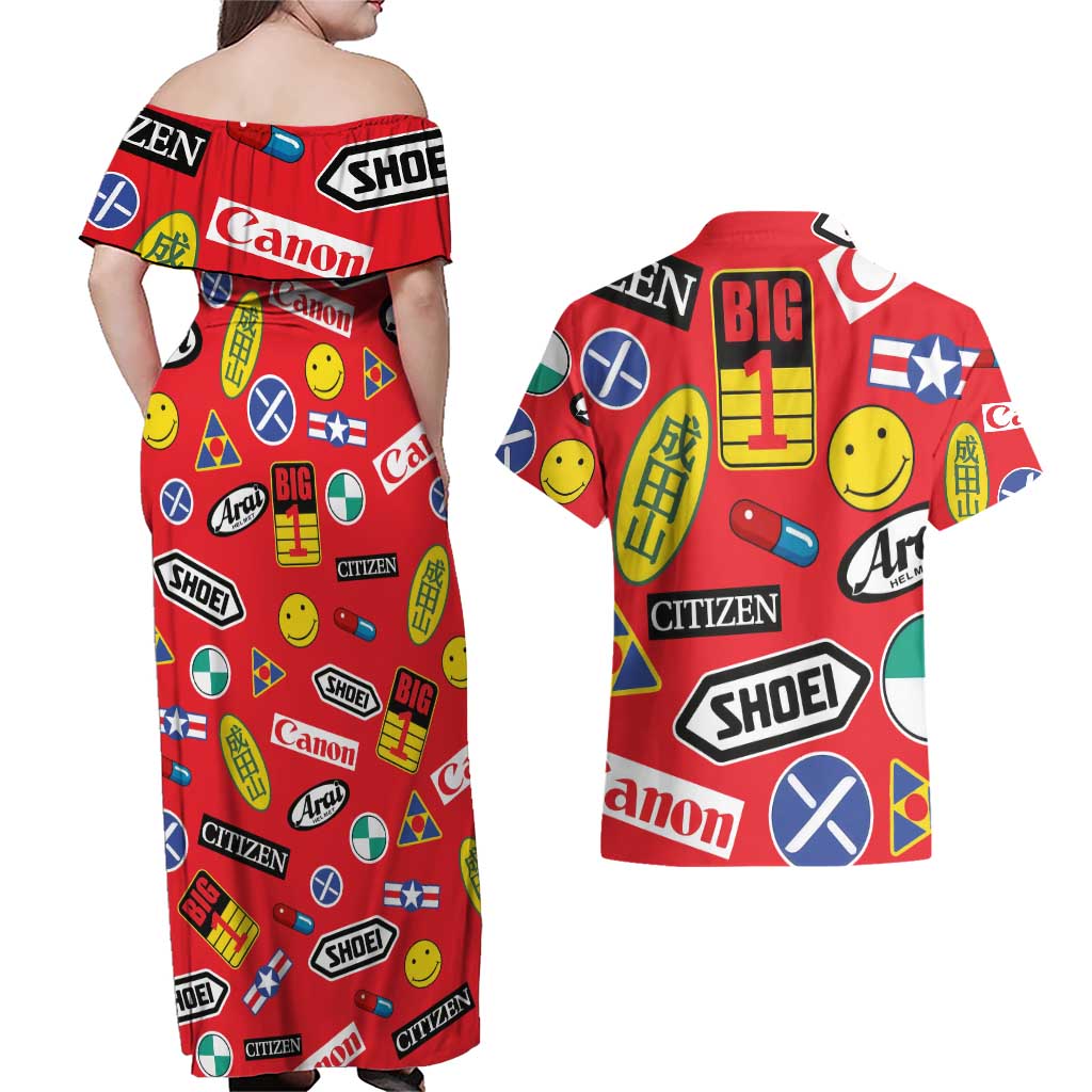 Akira Full Decals Couples Matching Off Shoulder Maxi Dress and Hawaiian Shirt Anime Style