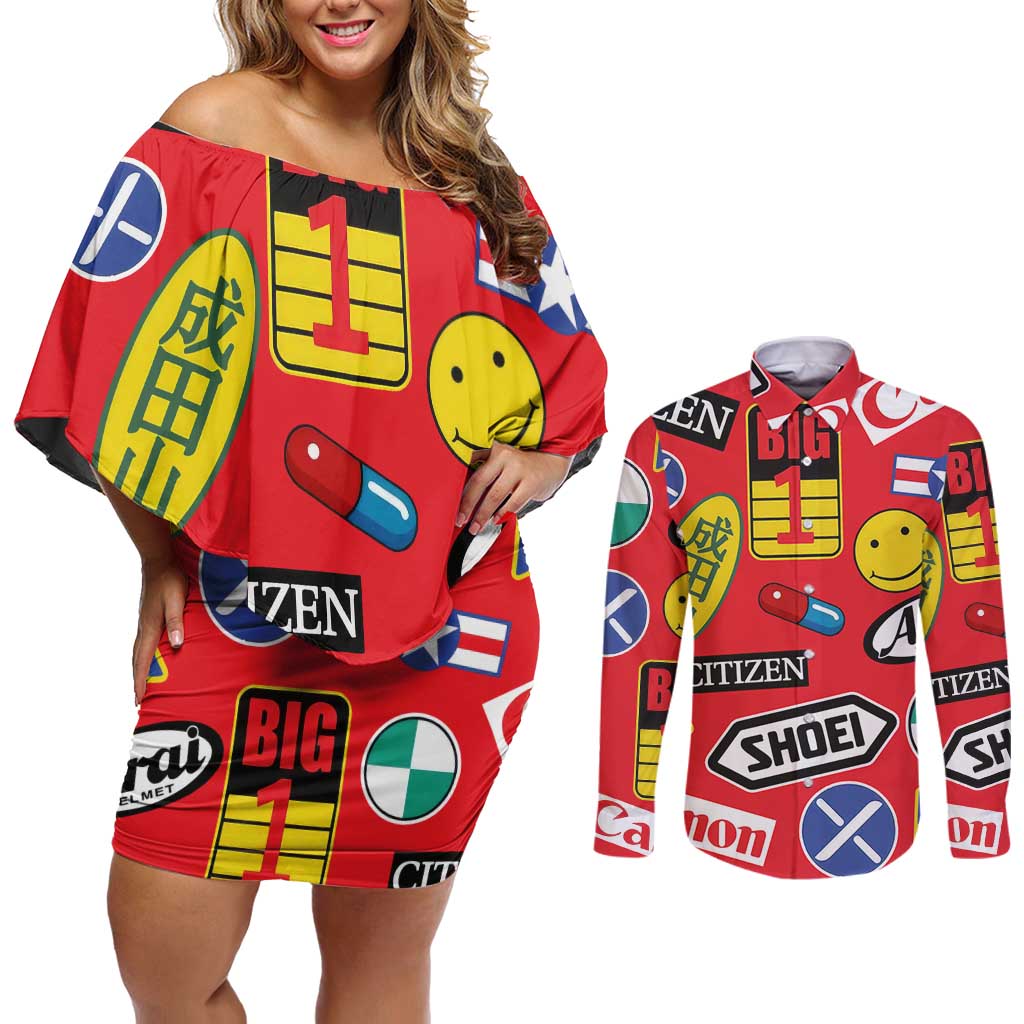 Akira Full Decals Couples Matching Off Shoulder Short Dress and Long Sleeve Button Shirt Anime Style