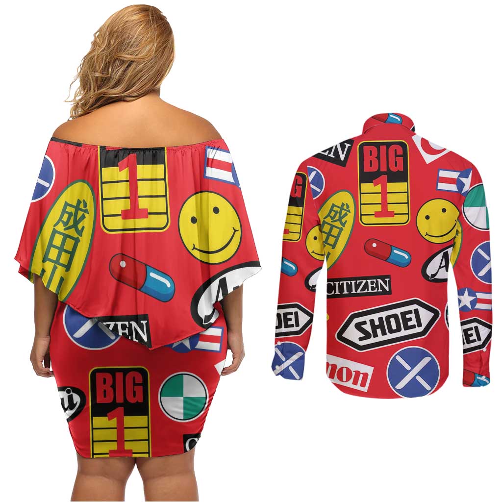 Akira Full Decals Couples Matching Off Shoulder Short Dress and Long Sleeve Button Shirt Anime Style