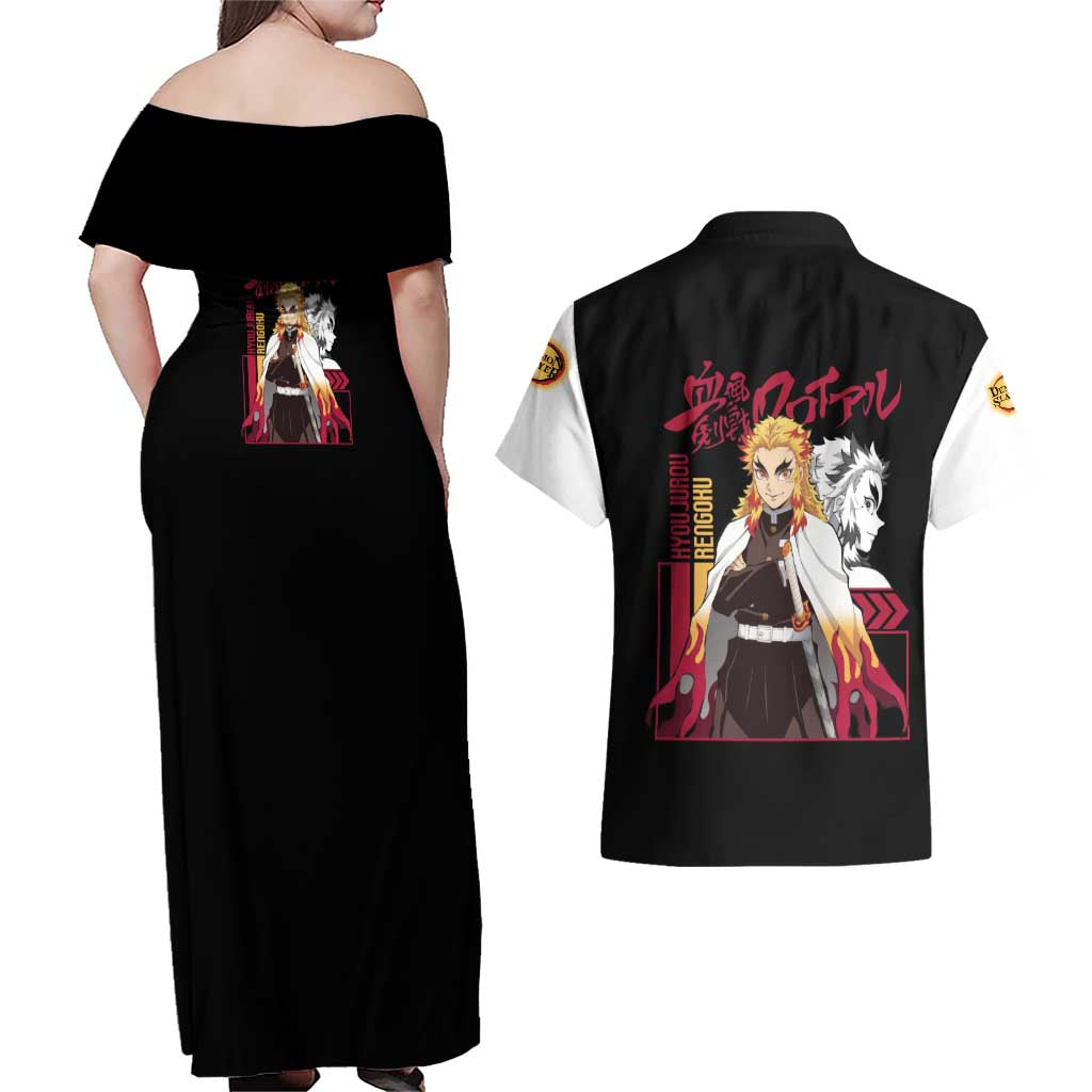 Kyojuro Rengoku Demon Slayer Couples Matching Off Shoulder Maxi Dress and Hawaiian Shirt Anime Style