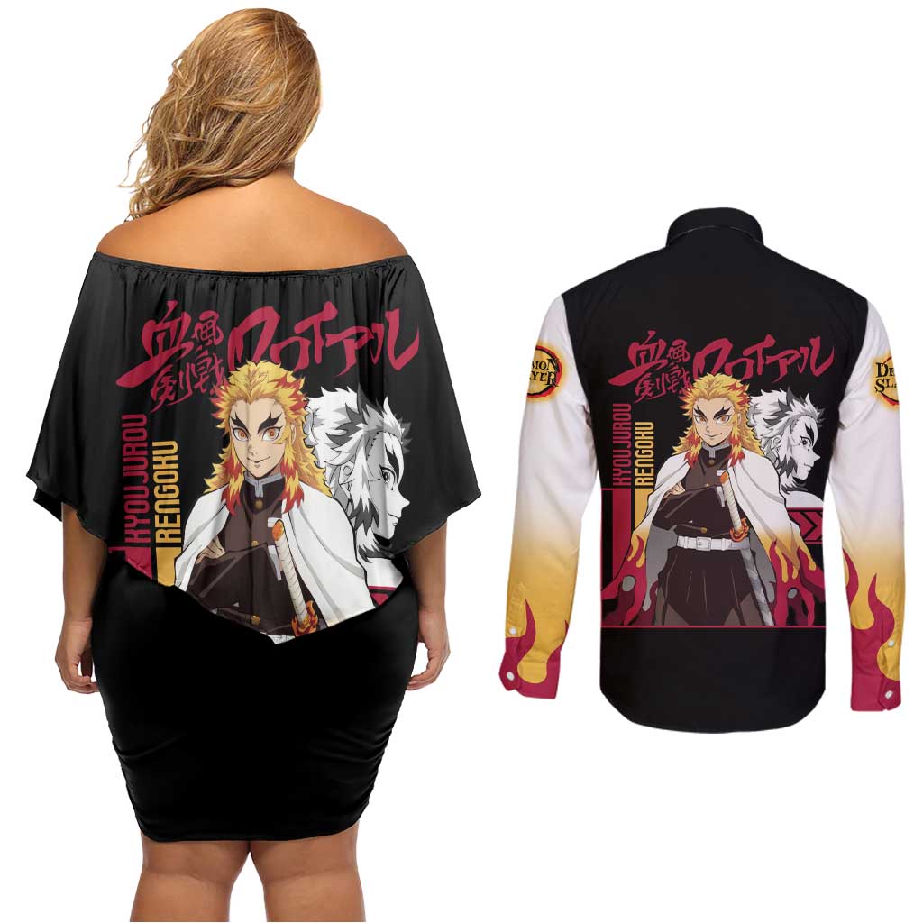 Kyojuro Rengoku Demon Slayer Couples Matching Off Shoulder Short Dress and Long Sleeve Button Shirt Anime Style