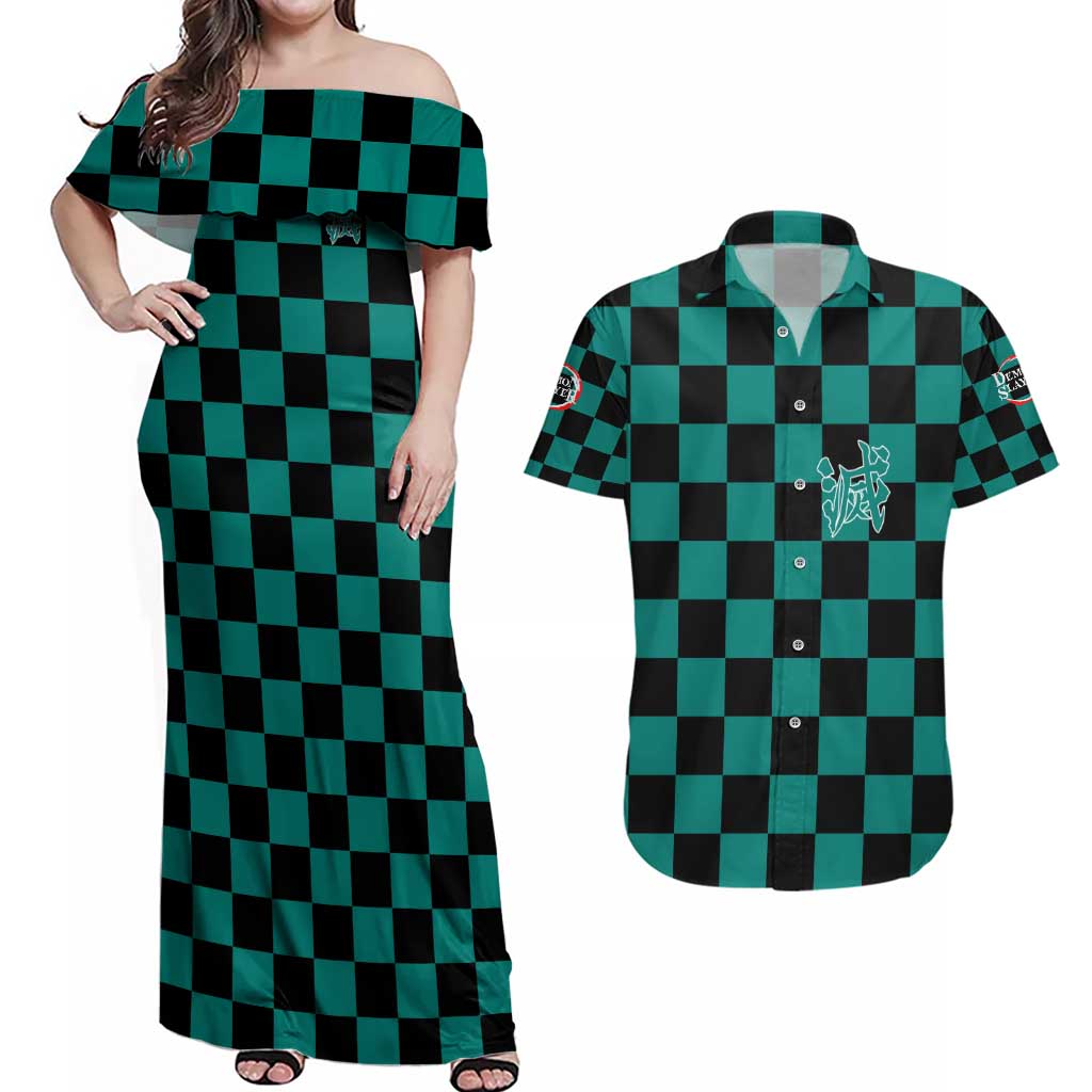 Kamado Tanjiro Haori Demon Slayer Couples Matching Off Shoulder Maxi Dress and Hawaiian Shirt Anime Style
