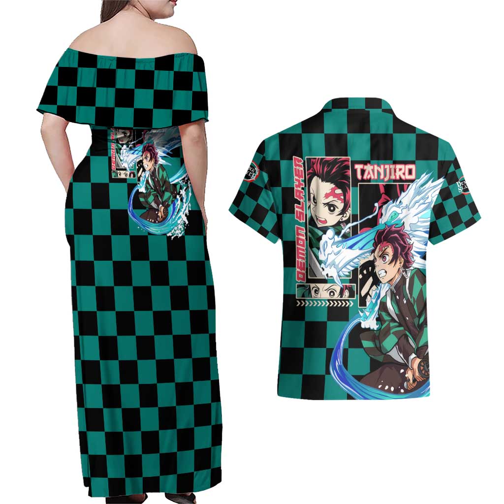 Kamado Tanjiro Haori Demon Slayer Couples Matching Off Shoulder Maxi Dress and Hawaiian Shirt Anime Style