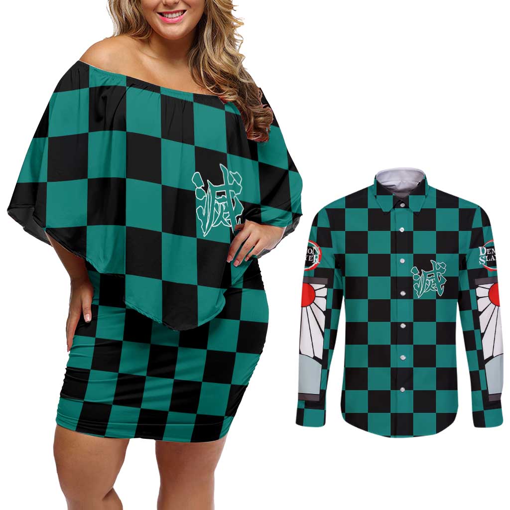 Kamado Tanjiro Haori Demon Slayer Couples Matching Off Shoulder Short Dress and Long Sleeve Button Shirt Anime Style