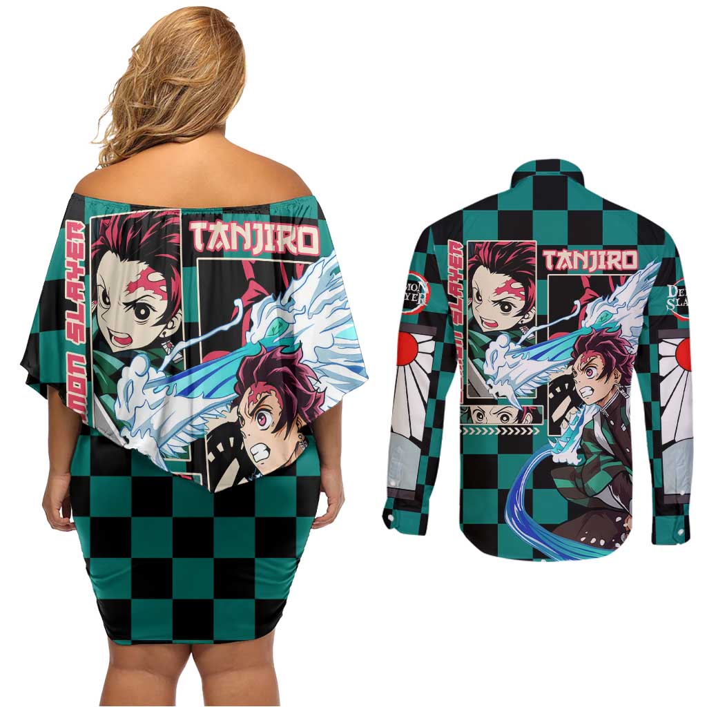 Kamado Tanjiro Haori Demon Slayer Couples Matching Off Shoulder Short Dress and Long Sleeve Button Shirt Anime Style
