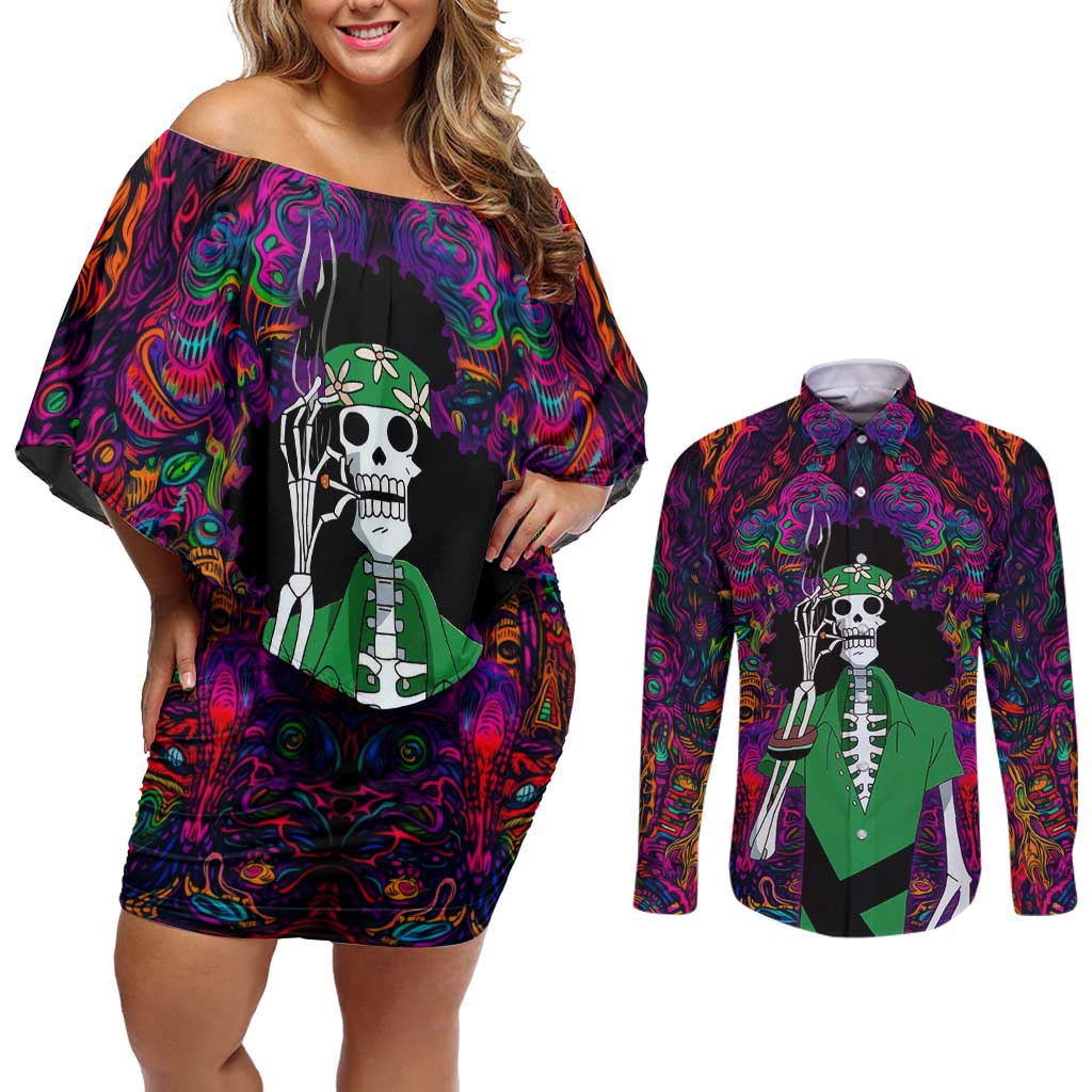 One Piece Hippie Trip Brook Couples Matching Off Shoulder Short Dress and Long Sleeve Button Shirt Anime Style