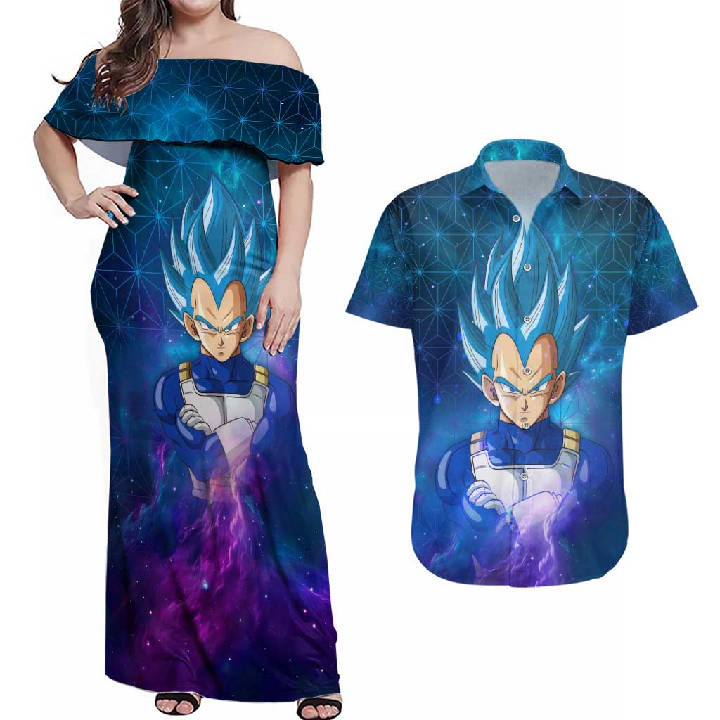 Trippy Astral Vegeta Dragon Ball Z Couples Matching Off Shoulder Maxi Dress and Hawaiian Shirt Anime Style
