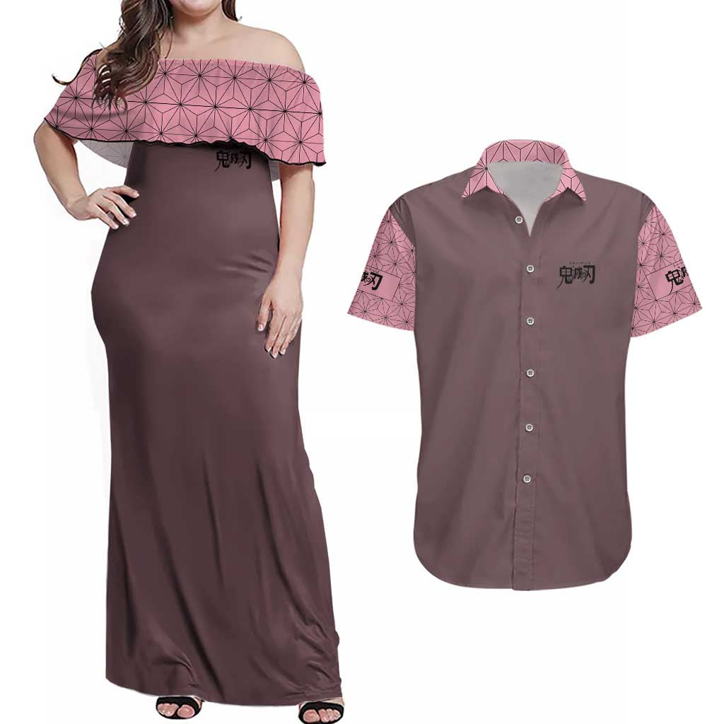 Kamado Nezuko Demon Slayer Couples Matching Off Shoulder Maxi Dress and Hawaiian Shirt Anime Style