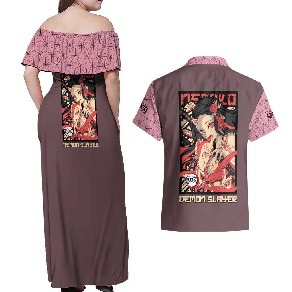 Kamado Nezuko Demon Slayer Couples Matching Off Shoulder Maxi Dress and Hawaiian Shirt Anime Style
