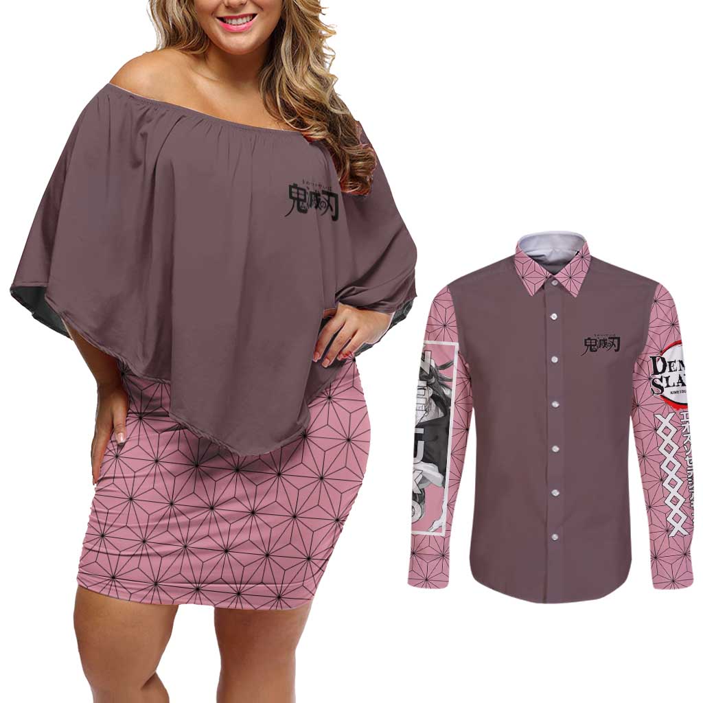 Kamado Nezuko Demon Slayer Couples Matching Off Shoulder Short Dress and Long Sleeve Button Shirt Anime Style