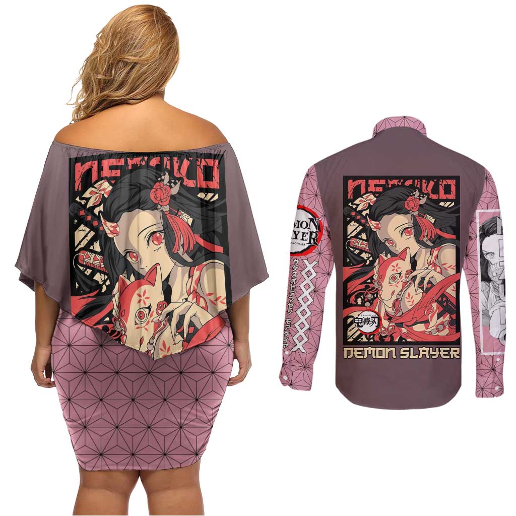 Kamado Nezuko Demon Slayer Couples Matching Off Shoulder Short Dress and Long Sleeve Button Shirt Anime Style