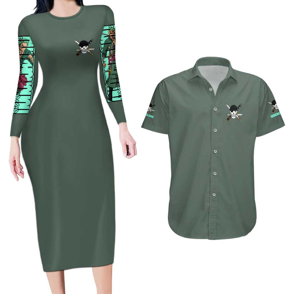 Roronoa Zoro - Straw Hat Team - One Piece Couples Matching Long Sleeve Bodycon Dress and Hawaiian Shirt Anime Style