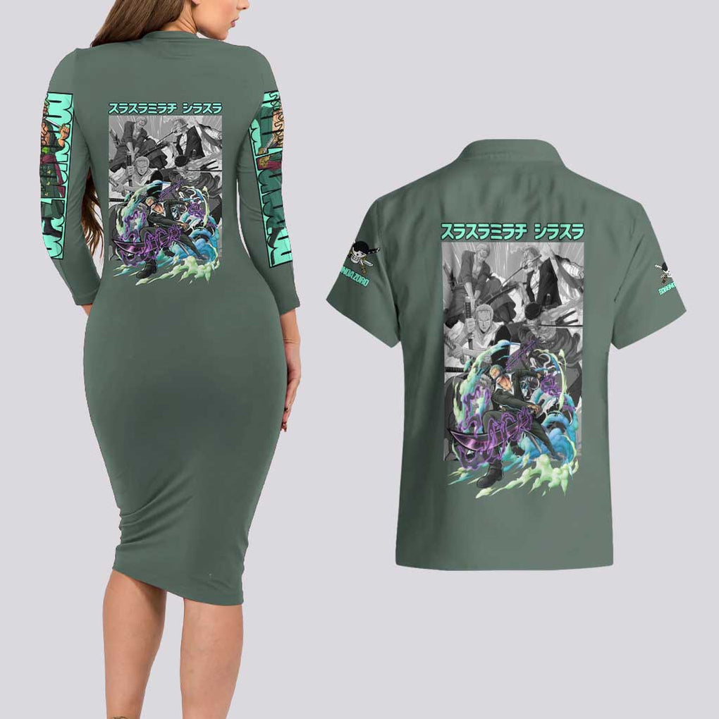 Roronoa Zoro - Straw Hat Team - One Piece Couples Matching Long Sleeve Bodycon Dress and Hawaiian Shirt Anime Style