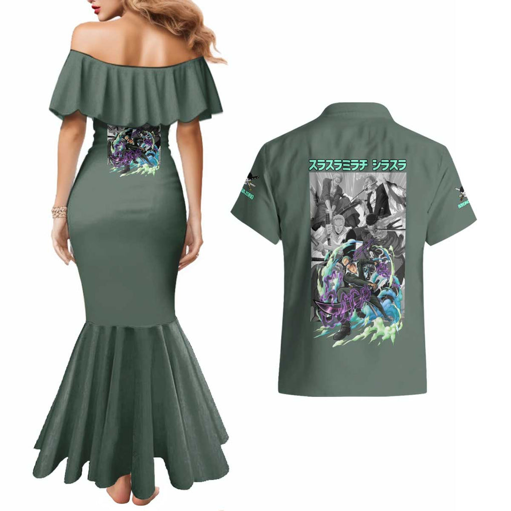 Roronoa Zoro - Straw Hat Team - One Piece Couples Matching Mermaid Dress and Hawaiian Shirt Anime Style