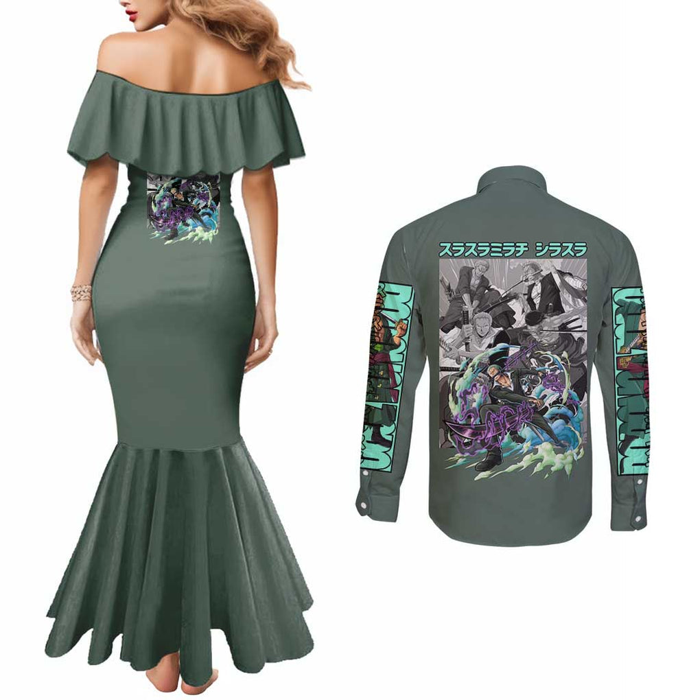 Roronoa Zoro - Straw Hat Team - One Piece Couples Matching Mermaid Dress and Long Sleeve Button Shirt Anime Style