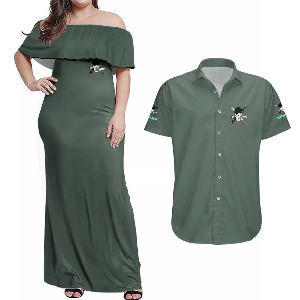Roronoa Zoro - Straw Hat Team - One Piece Couples Matching Off Shoulder Maxi Dress and Hawaiian Shirt Anime Style