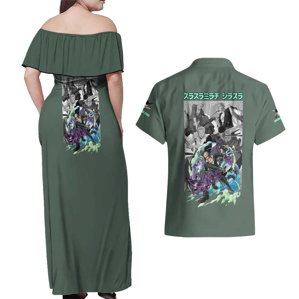 Roronoa Zoro - Straw Hat Team - One Piece Couples Matching Off Shoulder Maxi Dress and Hawaiian Shirt Anime Style