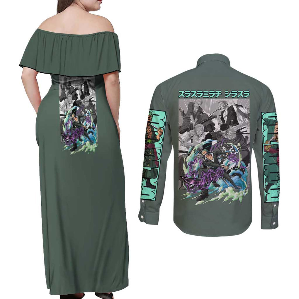 Roronoa Zoro - Straw Hat Team - One Piece Couples Matching Off Shoulder Maxi Dress and Long Sleeve Button Shirt Anime Style