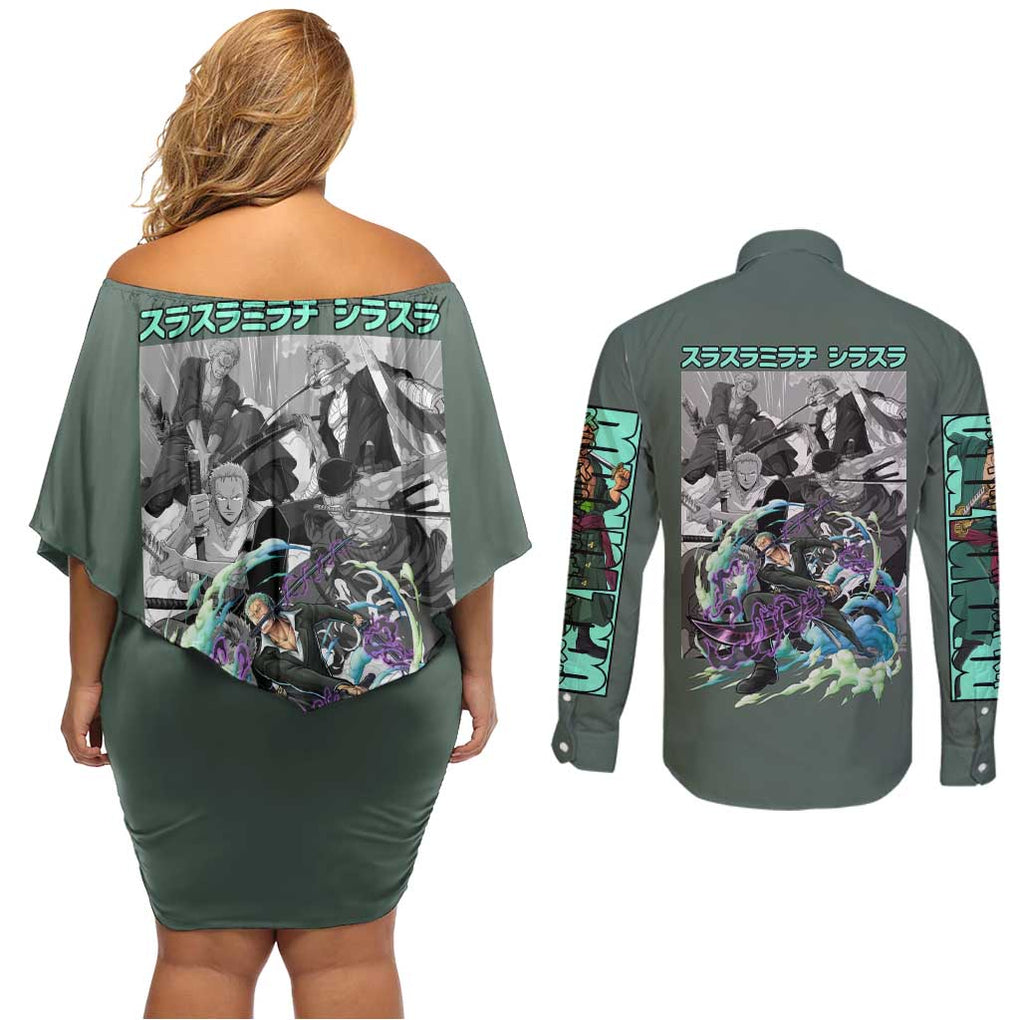 Roronoa Zoro - Straw Hat Team - One Piece Couples Matching Off Shoulder Short Dress and Long Sleeve Button Shirt Anime Style