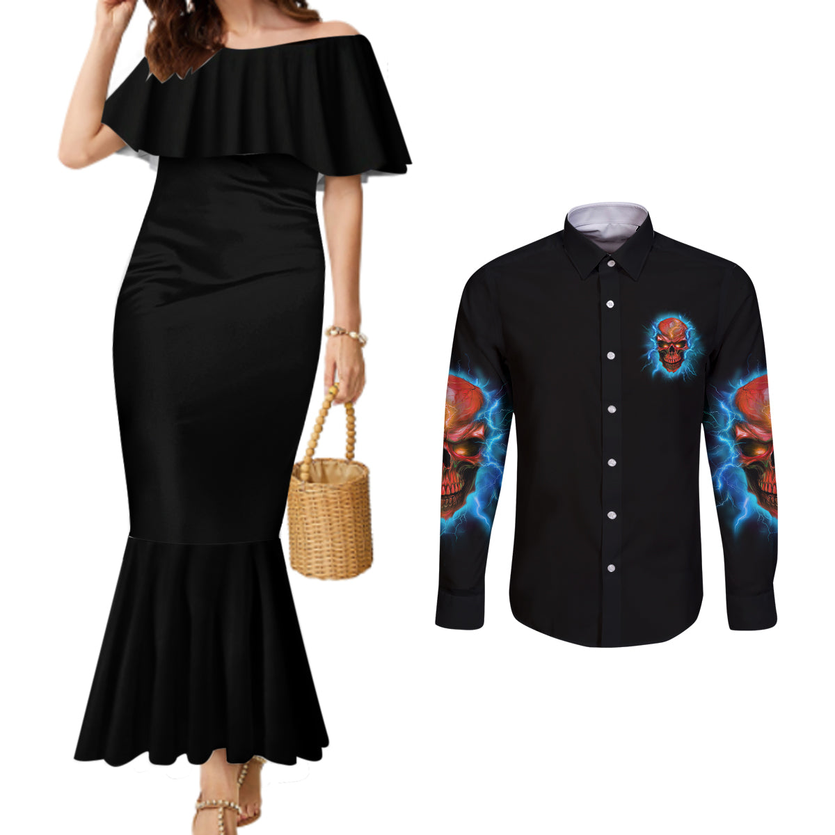 i-cant-go-to-hell-thunder-skull-couples-matching-mermaid-dress-and-long-sleeve-button-shirt