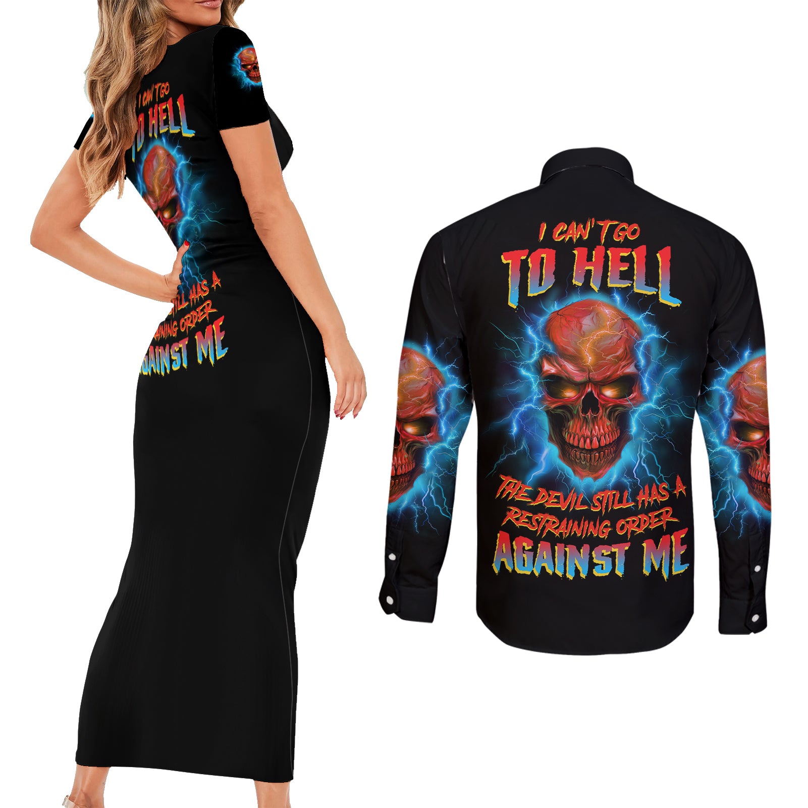i-cant-go-to-hell-thunder-skull-couples-matching-short-sleeve-bodycon-dress-and-long-sleeve-button-shirt