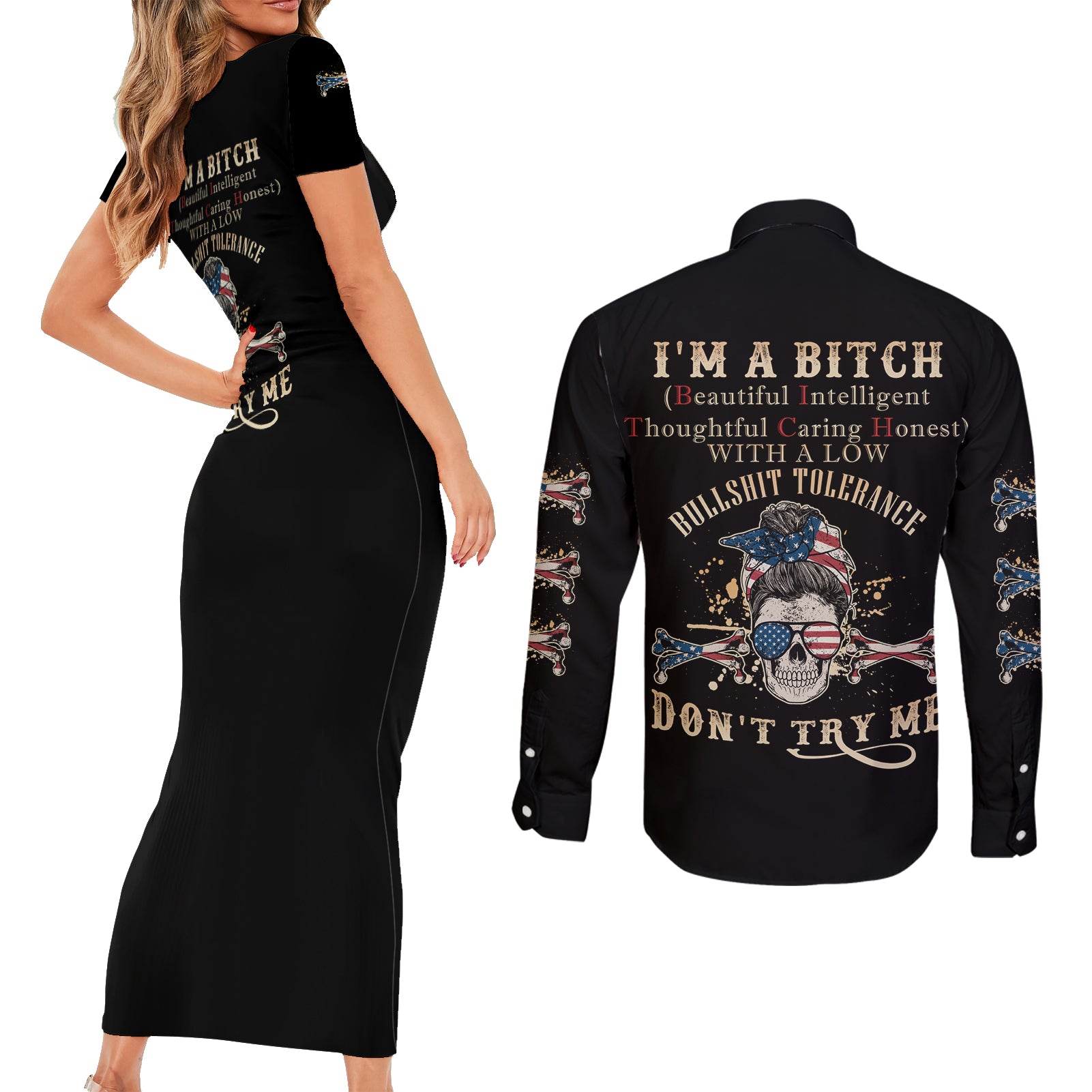 im-a-b-dont-try-me-couples-matching-short-sleeve-bodycon-dress-and-long-sleeve-button-shirt