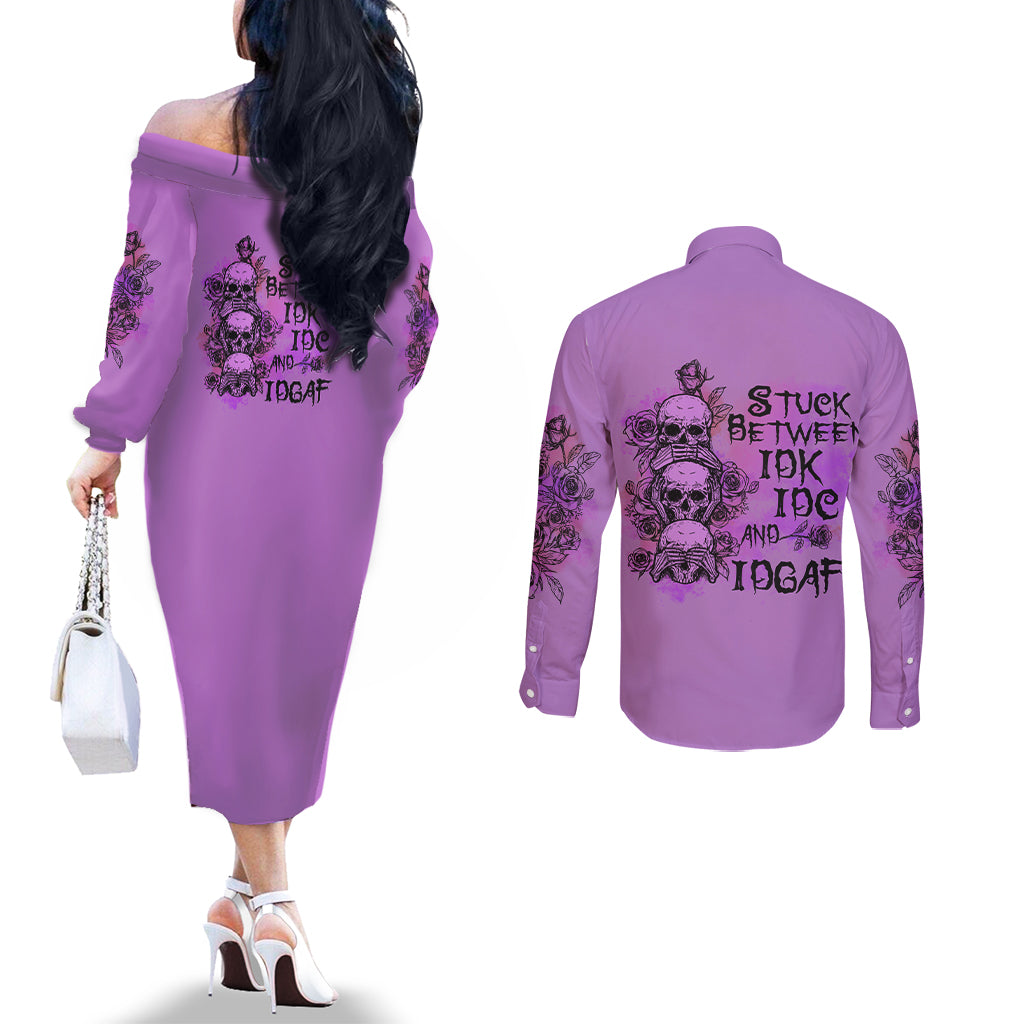 stuck-between-idk-idc-and-idgaf-couples-matching-off-the-shoulder-long-sleeve-dress-and-long-sleeve-button-shirt